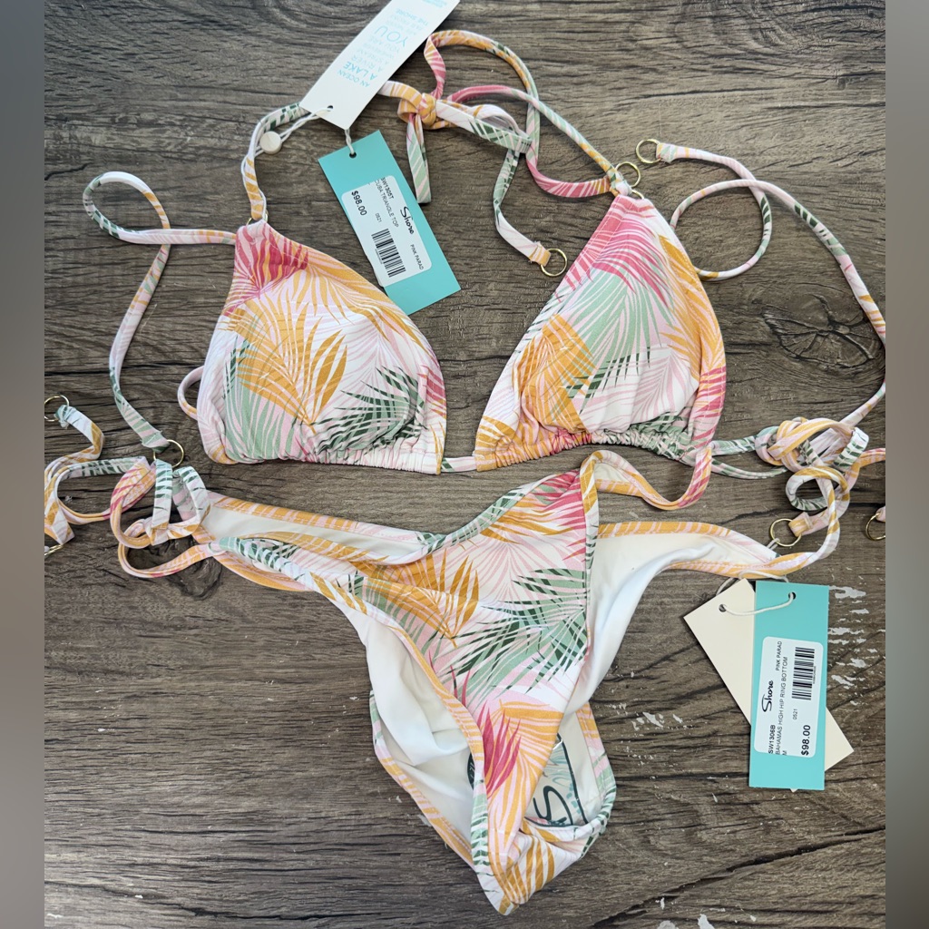 Shore Bahamas Pink Paradise Print Bikini Set Large Top Medium Bottoms Nwt